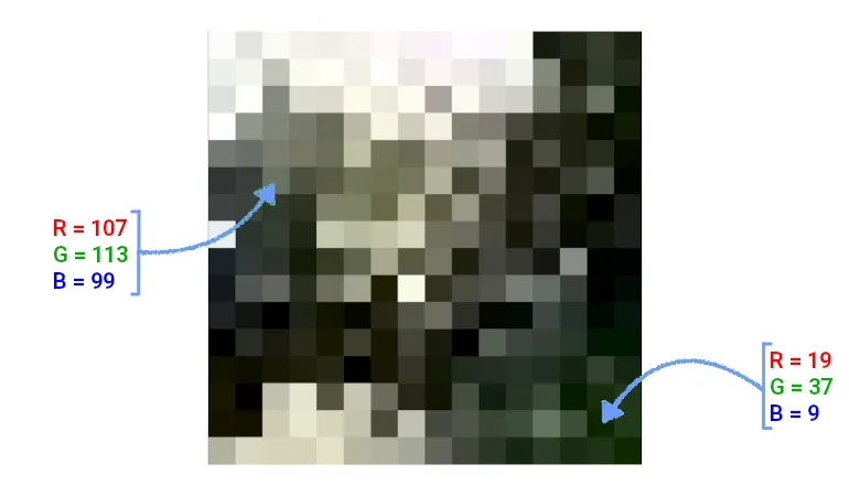 A pixelated 16 x 16 image with individual square pixels clearly visible. Two highlighted pixels are annotated with their RGB values, illustrating that each pixel in a digital image is represented by numerical color values.