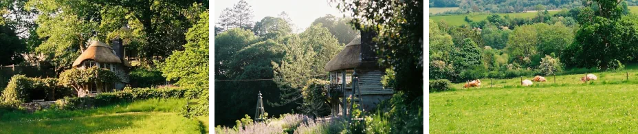 Three countryside photographs are shown side by side: a cottage viewed from the front, the same cottage viewed from the side, and a meadow with grazing cows. Although the meadow image shares similar colors and textures with the first image, the two cottage images depict the same building from different viewpoints. The figure illustrates the difference between visual similarity and semantic similarity.