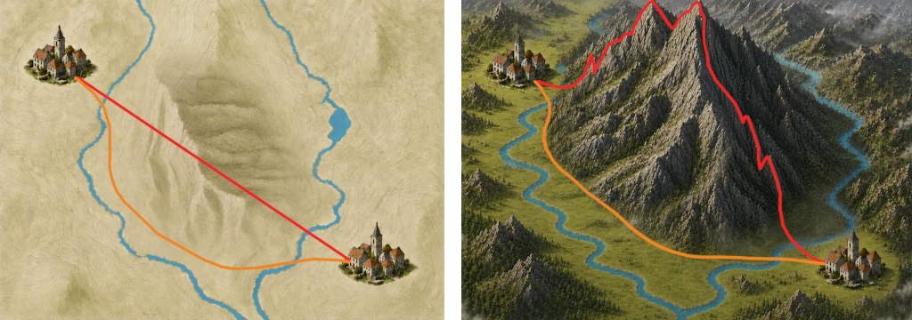 Image showing a mountainous terrain on a flat map (left) and its full 3D view (right). On the left, a flat map suggests that the straight-line route is shortest. On the right, the mountainous terrain is visible, which makes that route much longer, while a winding path through the valley becomes the true shortest route.